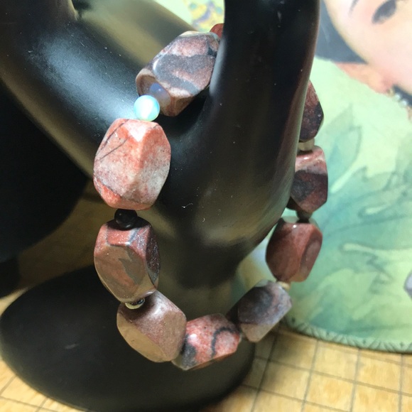 Semiprecious Mix Stone Bracelet 7”L Elastic Jasper w Lapis Lazuli Onyx Opal Etc. - Picture 3 of 8